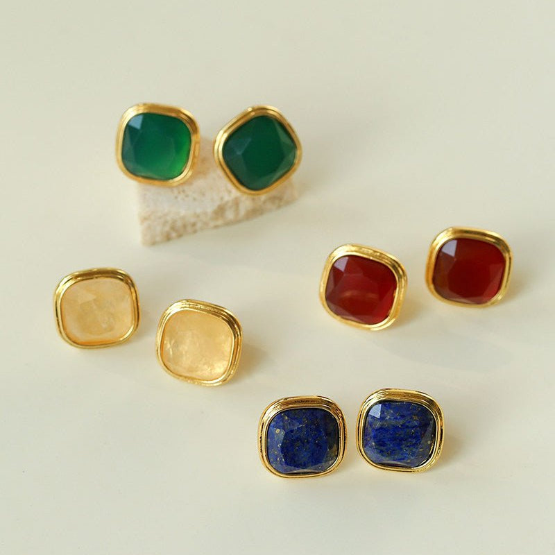 French Vintage Green & Red Agate Square Gemstone Stud Earrings - floysun