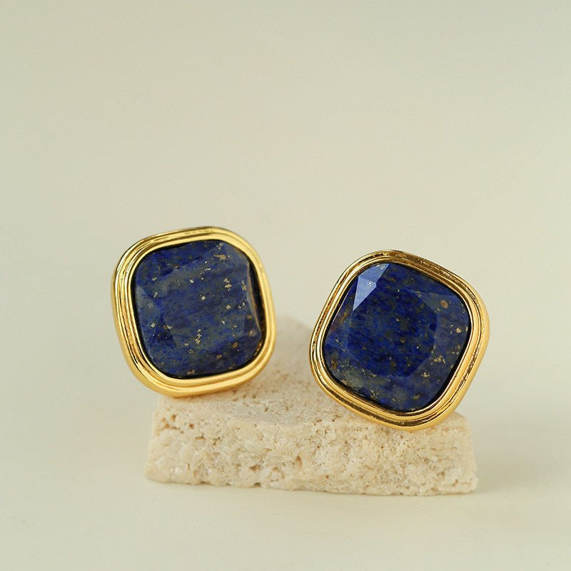 French Vintage Green & Red Agate Square Gemstone Stud Earrings - floysun