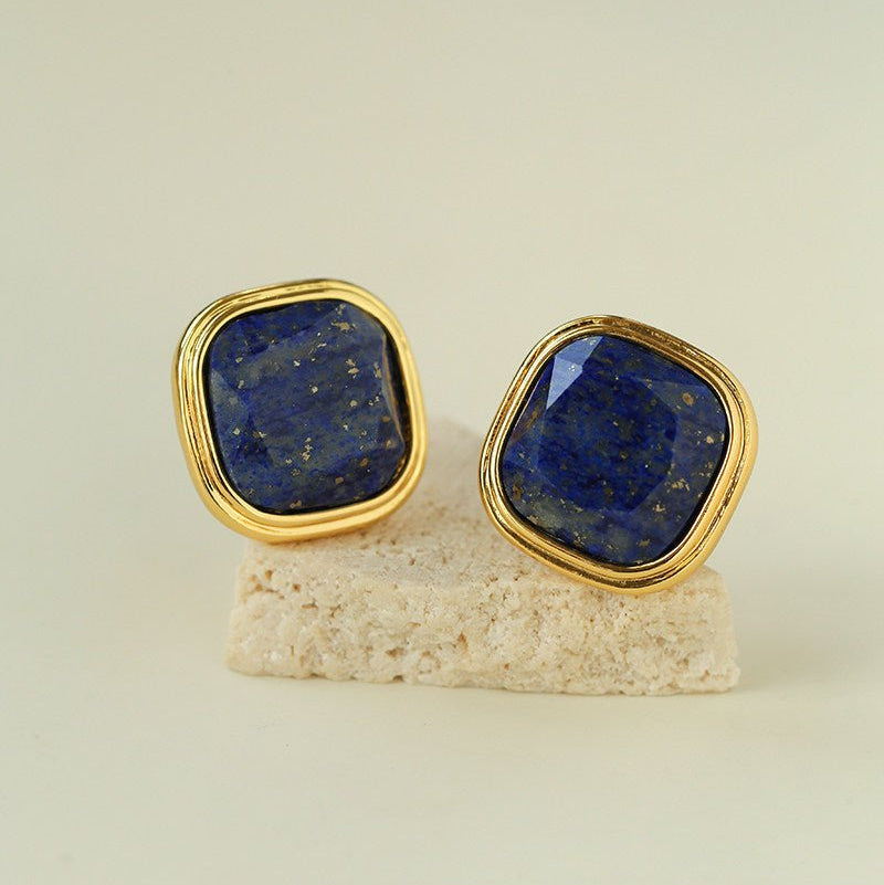 French Vintage Green & Red Agate Square Gemstone Stud Earrings - floysun