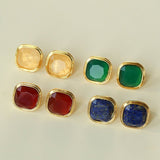 French Vintage Green & Red Agate Square Gemstone Stud Earrings - floysun