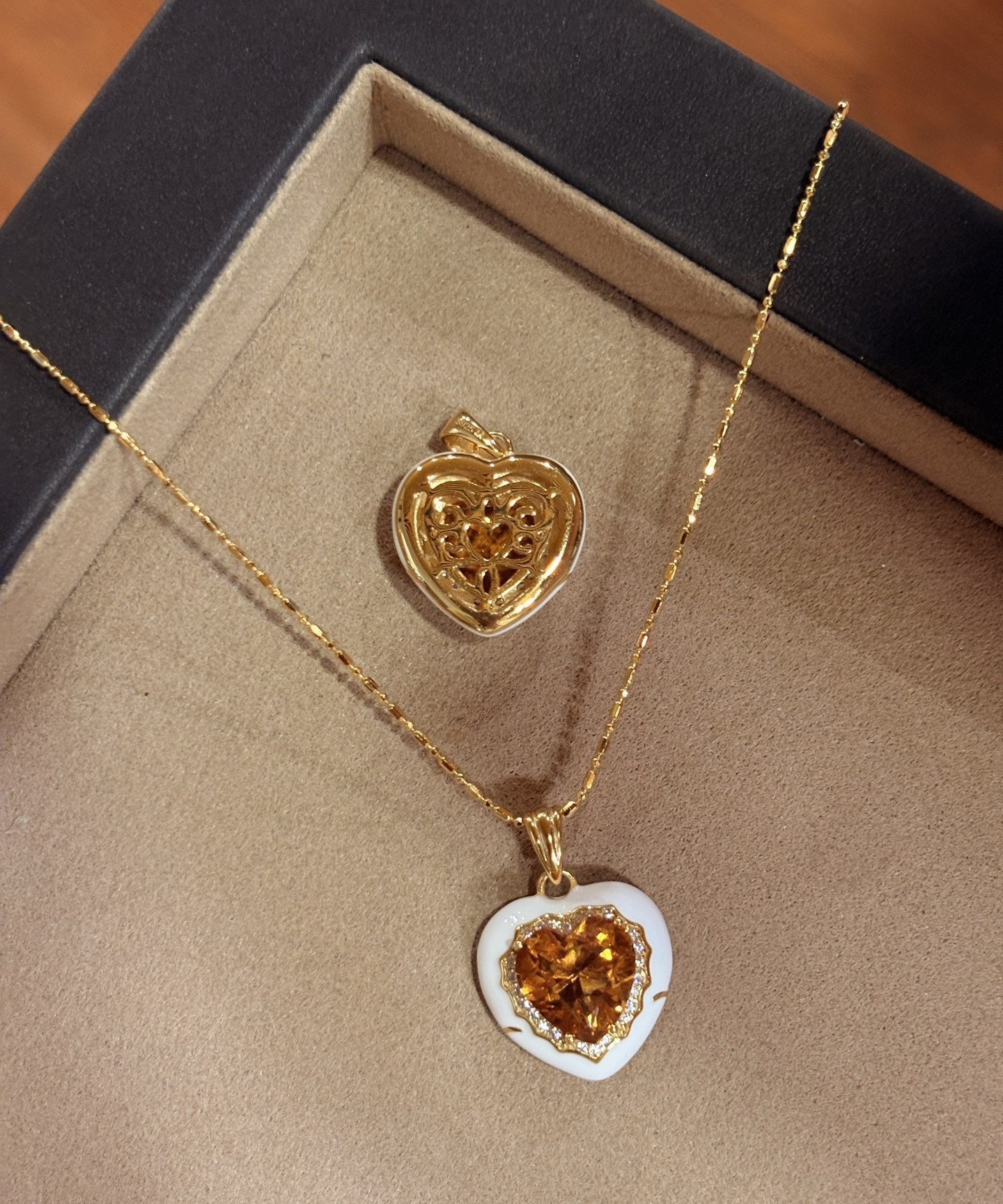 French Vintage Heart Citrine Pendant Necklace - Handcrafted 18K Gold Plated S925 Silver Choker - floysun