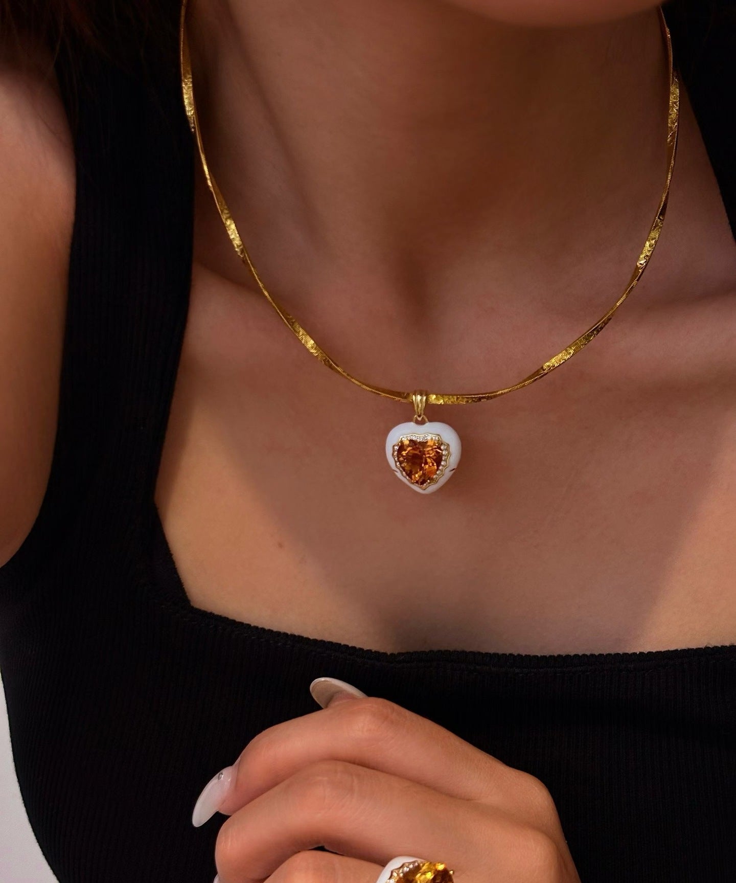 French Vintage Heart Citrine Pendant Necklace - Handcrafted 18K Gold Plated S925 Silver Choker - floysun
