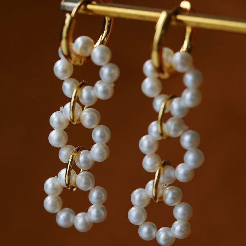 French Vintage Interlocking Pearl Hoop Drop Earrings - floysun