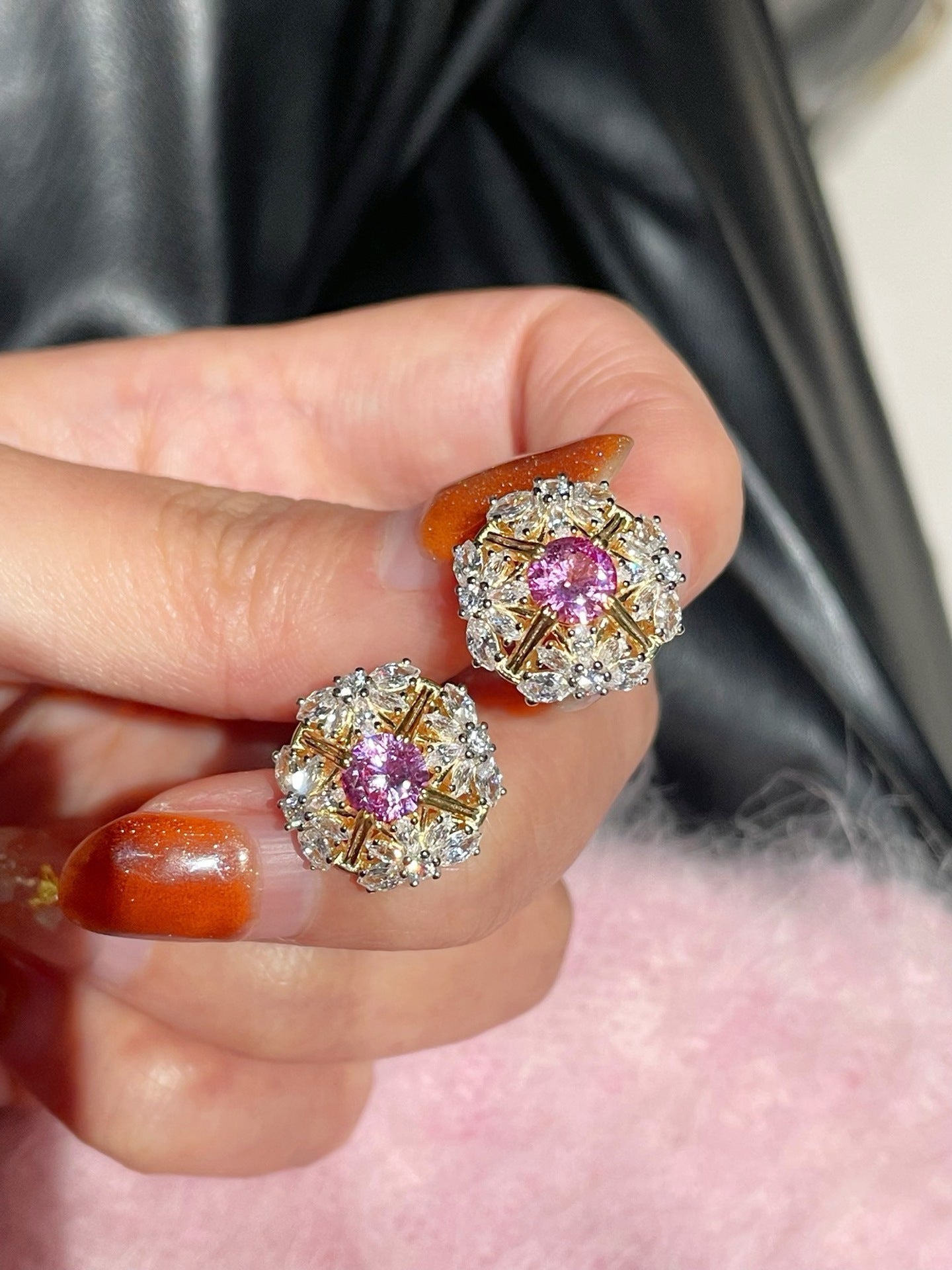 French Vintage Lace Stud Earrings – Pink Sapphire Style - floysun