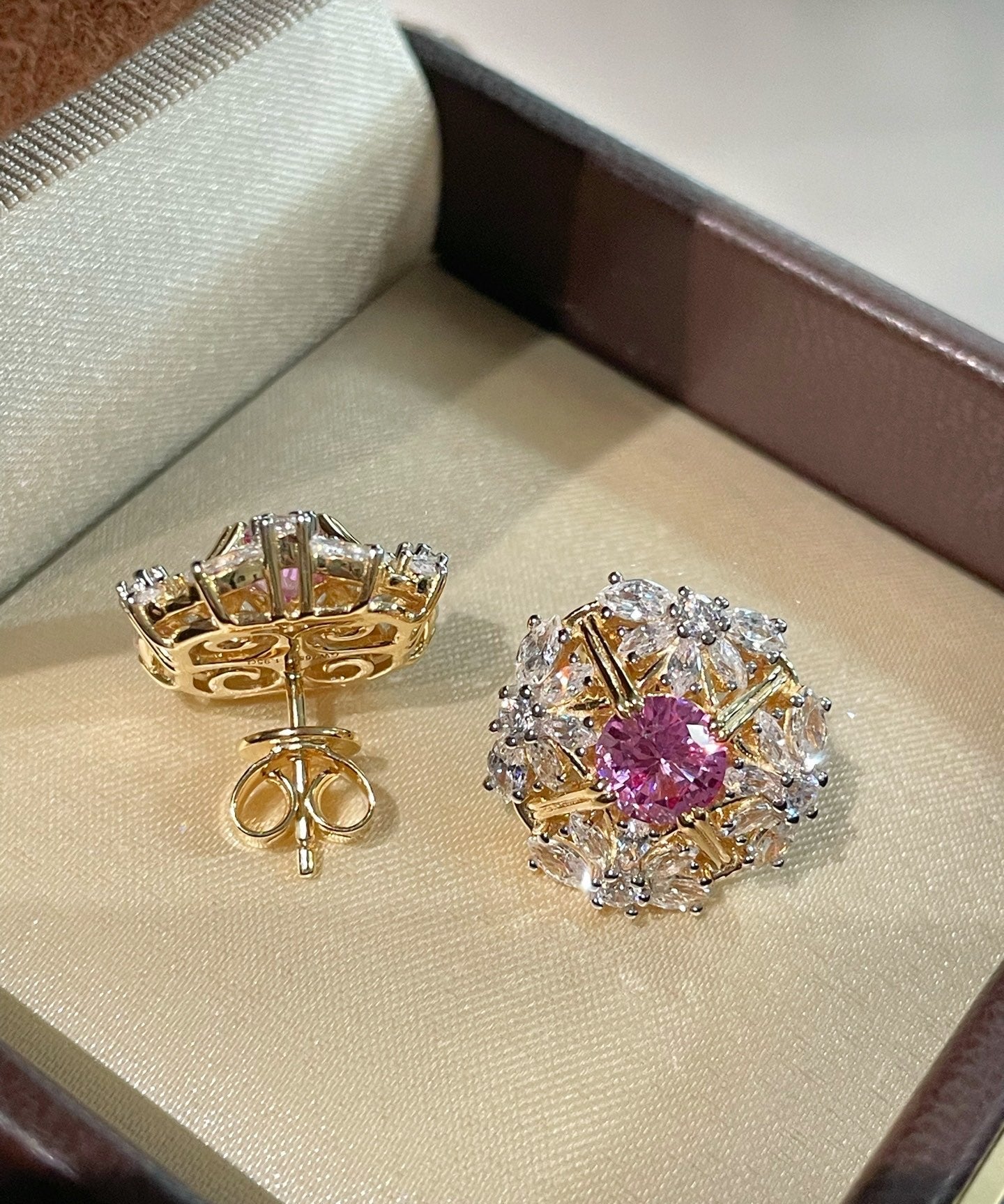 French Vintage Lace Stud Earrings – Pink Sapphire Style - floysun