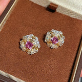 French Vintage Lace Stud Earrings – Pink Sapphire Style - floysun