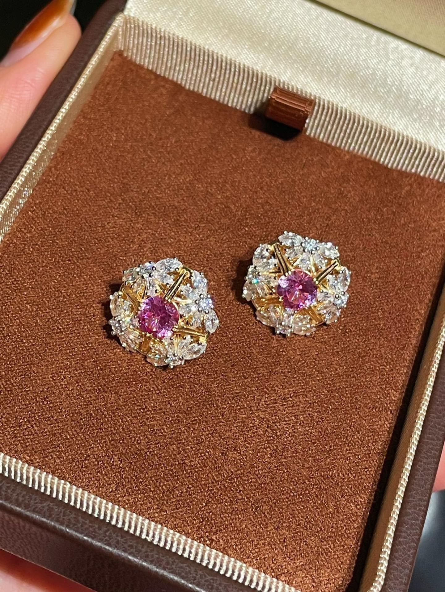 French Vintage Lace Stud Earrings – Pink Sapphire Style - floysun