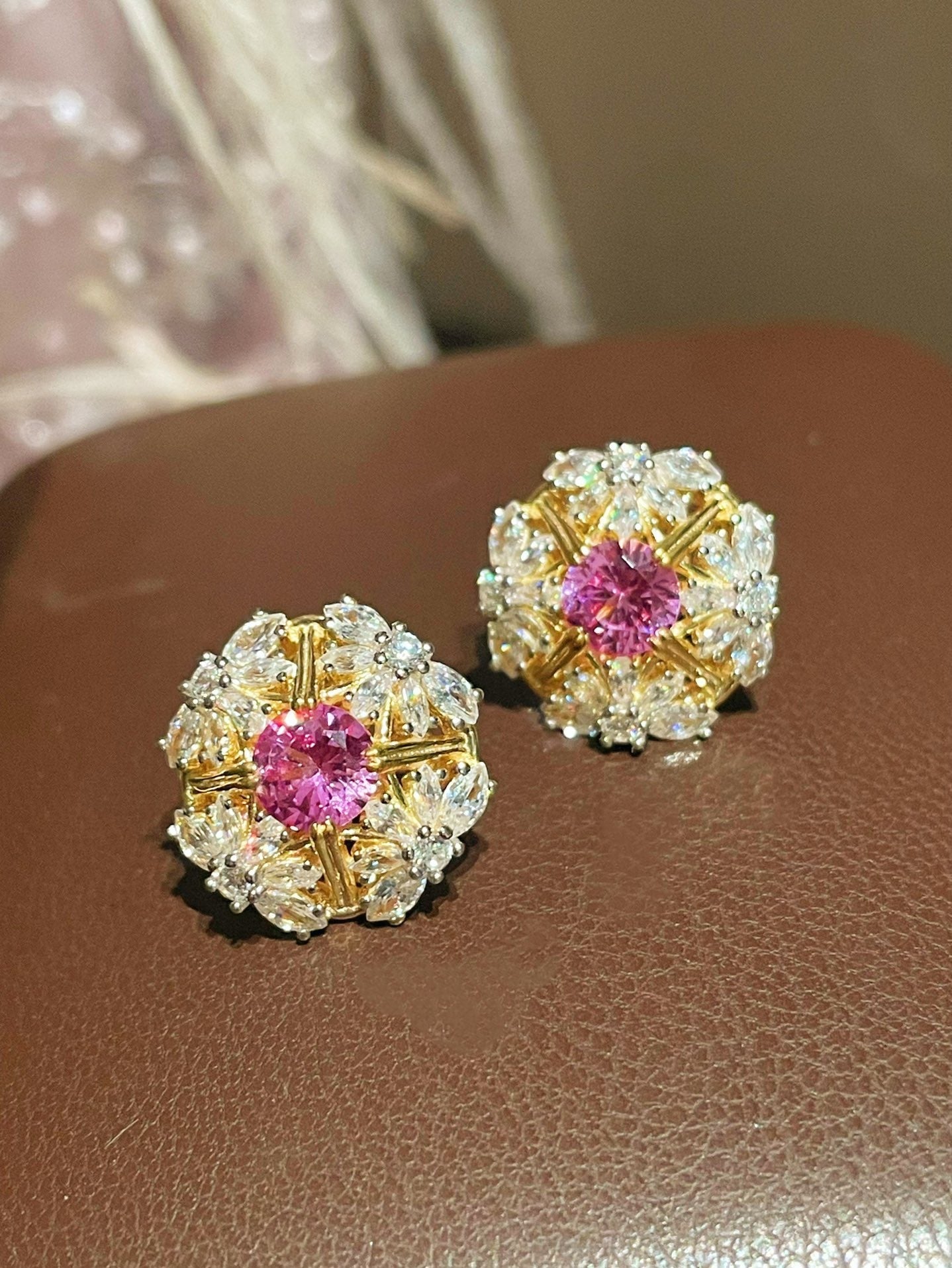 French Vintage Lace Stud Earrings – Pink Sapphire Style - floysun