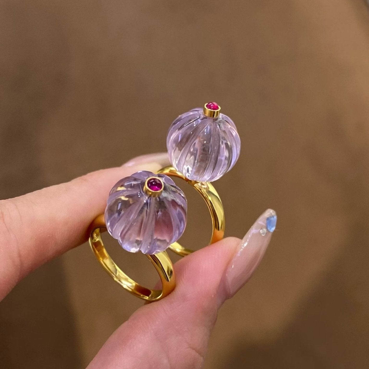 French Vintage Lavender Amethyst Pumpkin Bead Ring - floysun