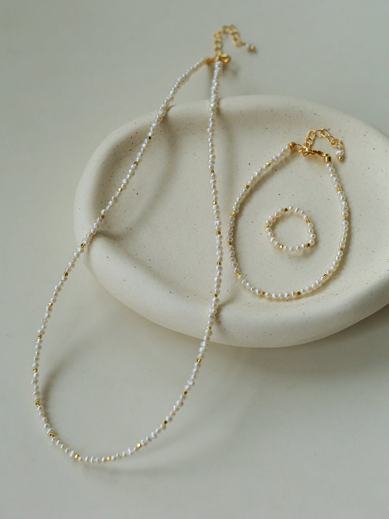 French Vintage Micro Pearl Choker - Dainty 18K Gold Faceted Metal Station Necklace - floysun