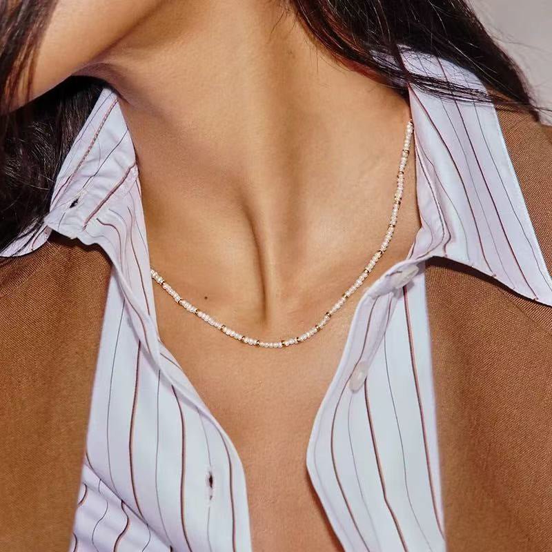 French Vintage Micro Pearl Choker - Dainty 18K Gold Faceted Metal Station Necklace - floysun