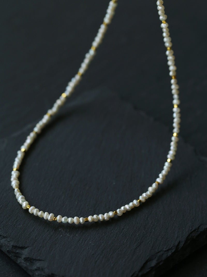 French Vintage Micro Pearl Choker - Dainty 18K Gold Faceted Metal Station Necklace - floysun