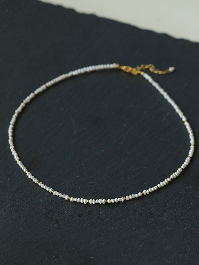 French Vintage Micro Pearl Choker - Dainty 18K Gold Faceted Metal Station Necklace - floysun