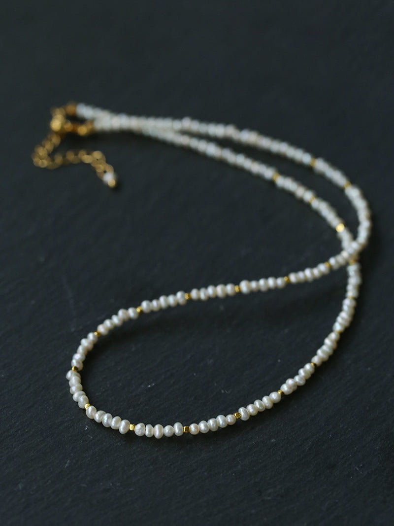 French Vintage Micro Pearl Choker - Dainty 18K Gold Faceted Metal Station Necklace - floysun