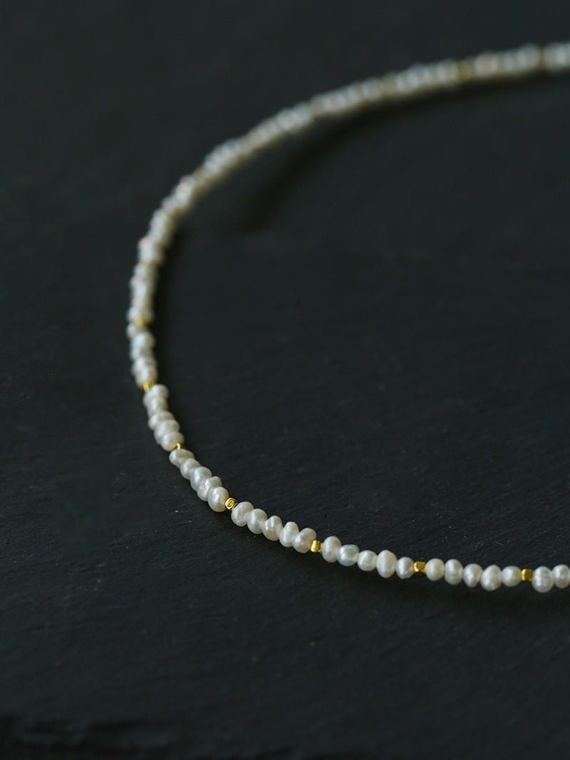 French Vintage Micro Pearl Choker - Dainty 18K Gold Faceted Metal Station Necklace - floysun
