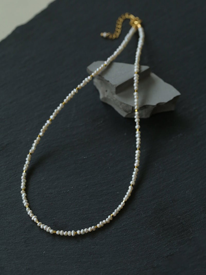 French Vintage Micro Pearl Choker - Dainty 18K Gold Faceted Metal Station Necklace - floysun