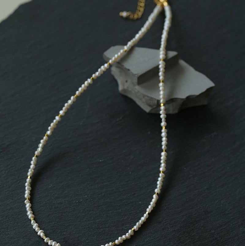 French Vintage Micro Pearl Choker - Dainty 18K Gold Faceted Metal Station Necklace - floysun