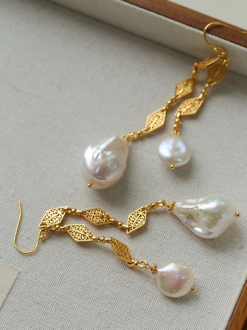 French Vintage Openwork Baroque Pearl Drop Earrings - Double - Layer - floysun