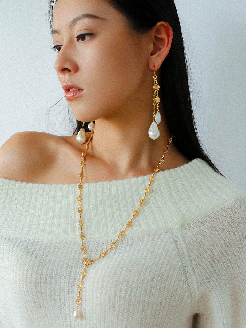 French Vintage Openwork Baroque Pearl Drop Earrings - Double - Layer - floysun