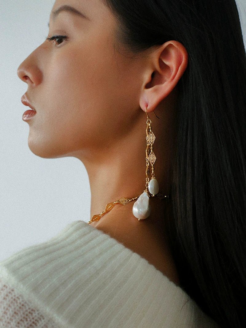 French Vintage Openwork Baroque Pearl Drop Earrings - Double - Layer - floysun