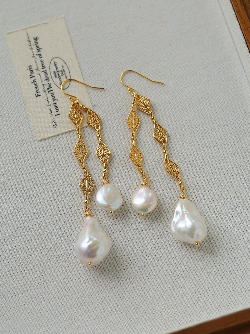 French Vintage Openwork Baroque Pearl Drop Earrings - Double - Layer - floysun