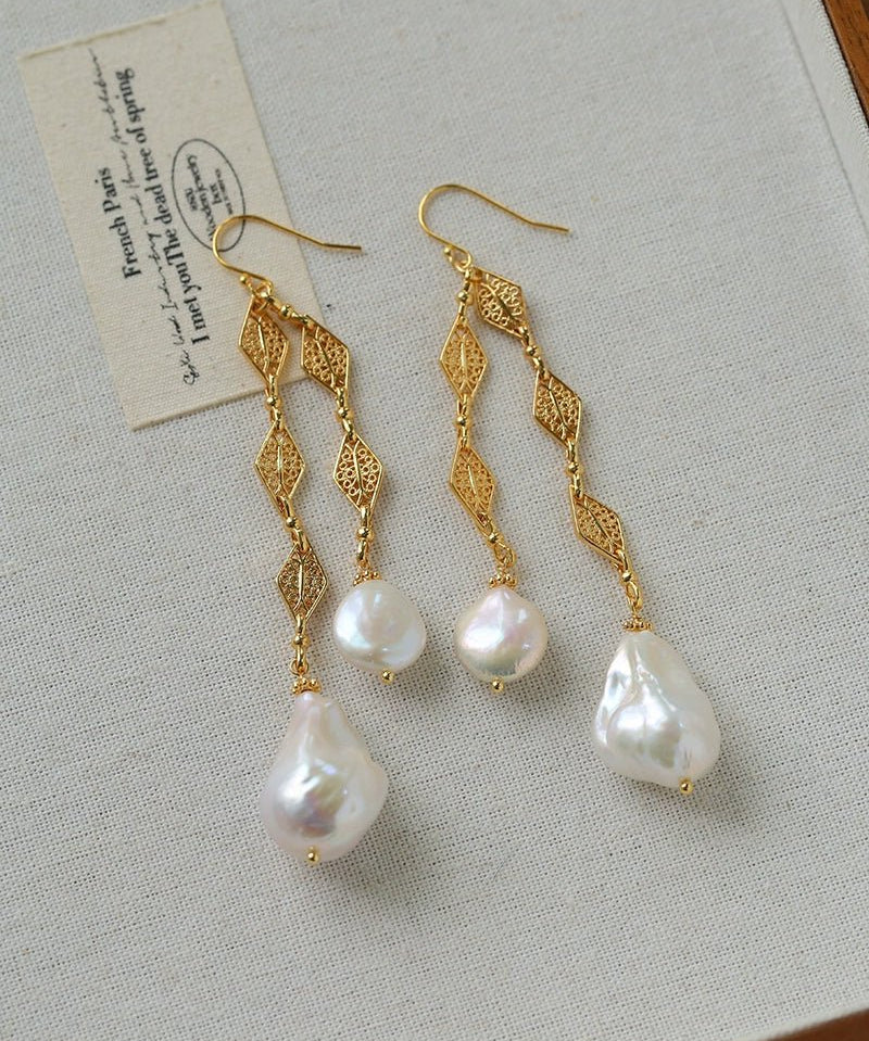 French Vintage Openwork Baroque Pearl Drop Earrings - Double - Layer - floysun