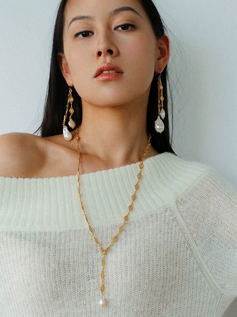 French Vintage Openwork Baroque Pearl Drop Earrings - Double - Layer - floysun