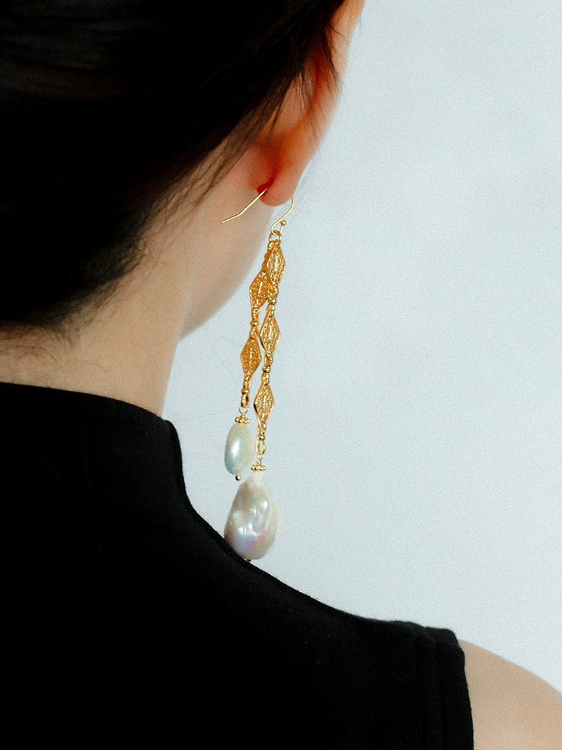 French Vintage Openwork Baroque Pearl Drop Earrings - Double - Layer - floysun