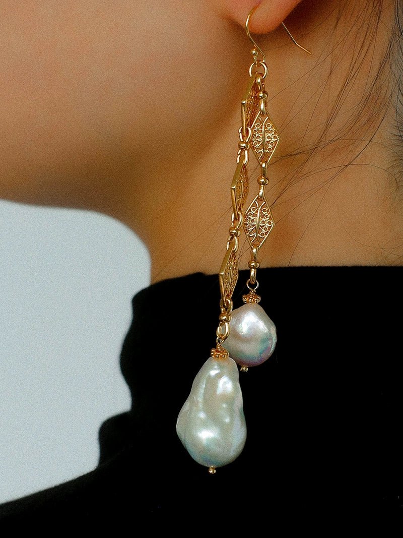 French Vintage Openwork Baroque Pearl Drop Earrings - Double - Layer - floysun