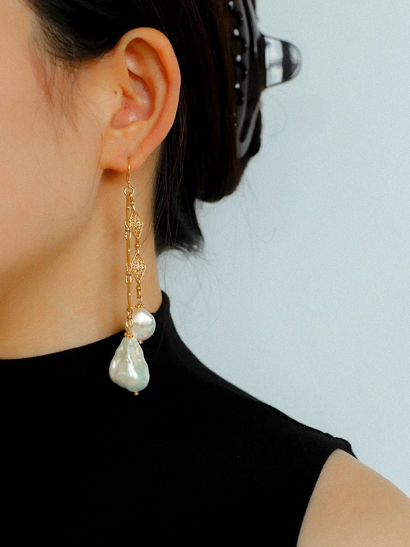 French Vintage Openwork Baroque Pearl Drop Earrings - Double - Layer - floysun