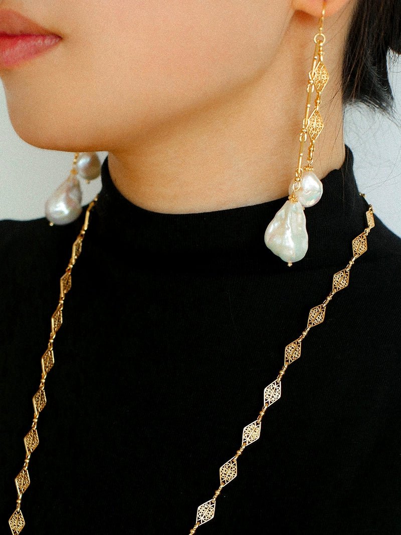 French Vintage Openwork Baroque Pearl Drop Earrings - Double - Layer - floysun