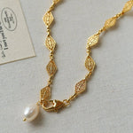 French Vintage Pearl Necklace Gold Plated Openwork Diamond Chain - floysun