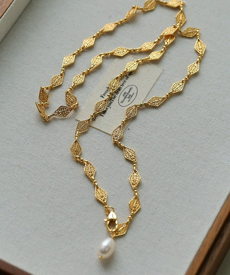 French Vintage Pearl Necklace Gold Plated Openwork Diamond Chain - floysun