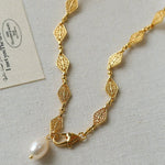 French Vintage Pearl Necklace Gold Plated Openwork Diamond Chain - floysun