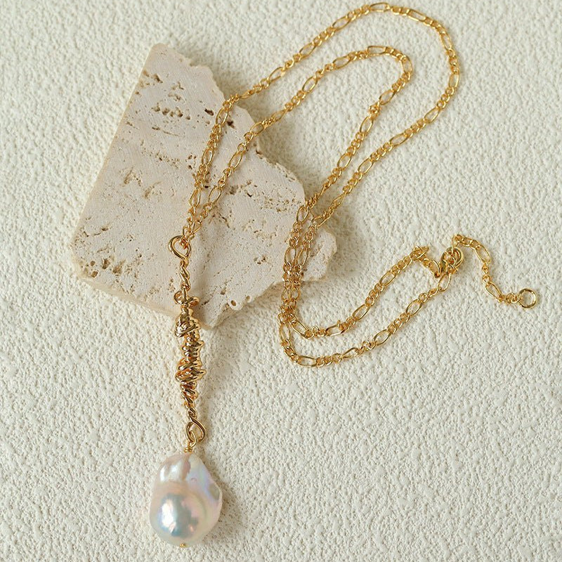French Vintage Spiral Vine Baroque Pearl Necklace - 18K Gold Plated Y - Lariat Chain - floysun