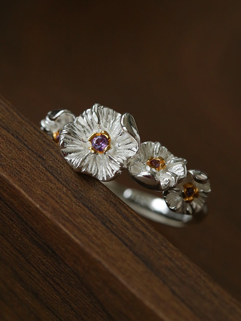 French Vintage Triple Mandala Flower Open Ring - Delicate Adjustable Band - floysun