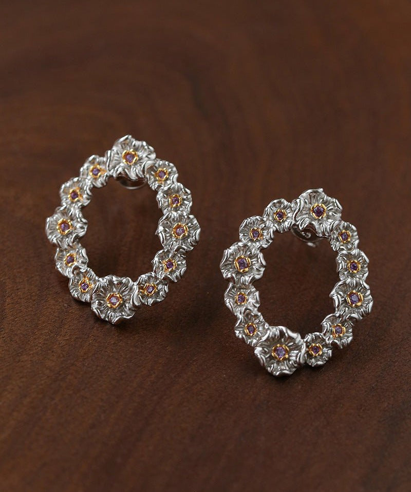 French Vintage Wreath Stud Earrings - Floral Hoop Cluster with Purple Zirconia - floysun