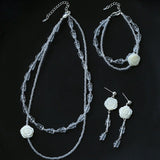 French White Shell Flower Crystal Beaded Double Layer Necklace - floysun
