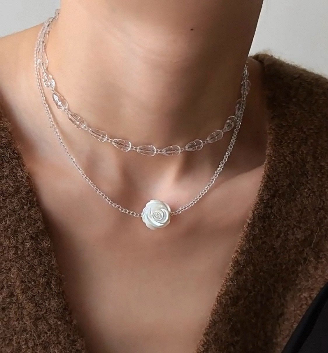 French White Shell Flower Crystal Beaded Double Layer Necklace - floysun