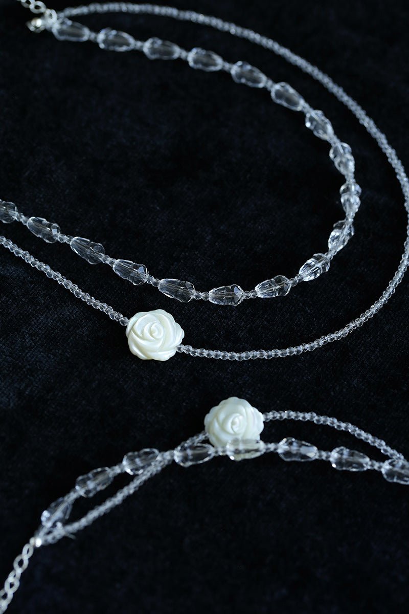 French White Shell Flower Crystal Beaded Double Layer Necklace - floysun