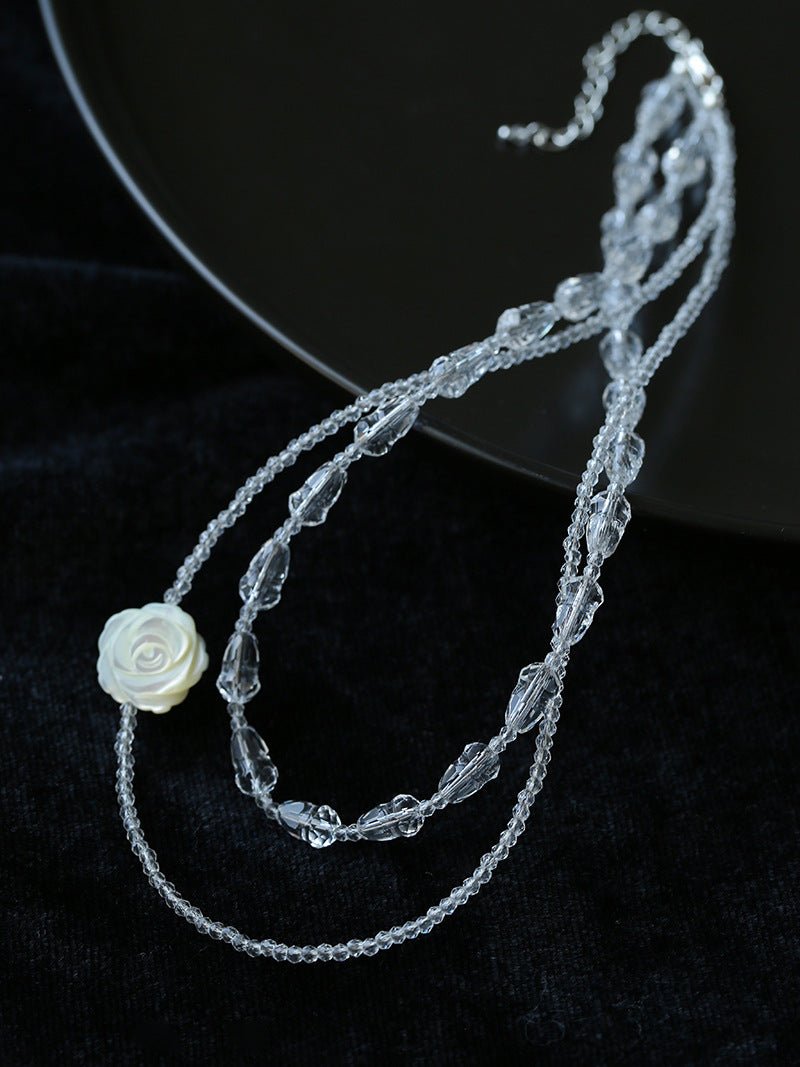 French White Shell Flower Crystal Beaded Double Layer Necklace - floysun