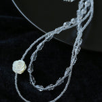 French White Shell Flower Crystal Beaded Double Layer Necklace - floysun