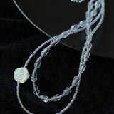 French White Shell Flower Crystal Beaded Double Layer Necklace - floysun