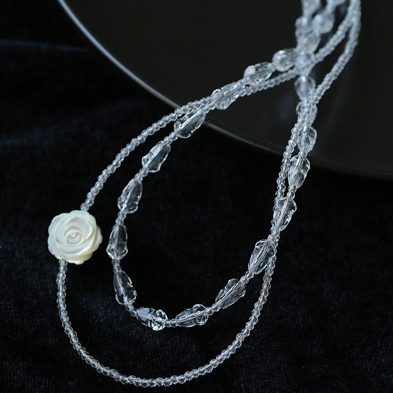 French White Shell Flower Crystal Beaded Double Layer Necklace - floysun