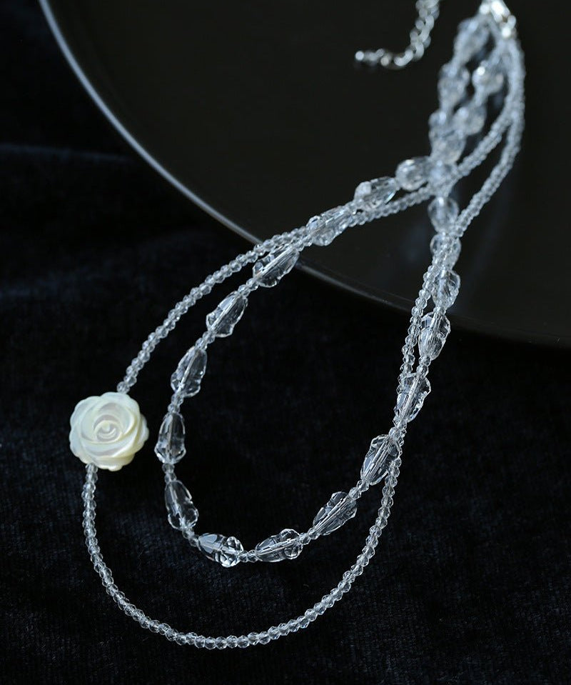 French White Shell Flower Crystal Beaded Double Layer Necklace - floysun