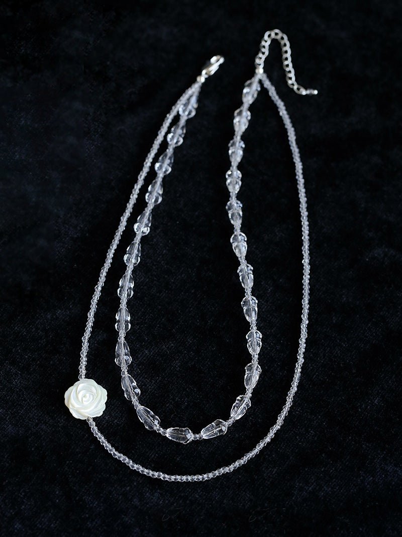 French White Shell Flower Crystal Beaded Double Layer Necklace - floysun