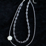 French White Shell Flower Crystal Beaded Double Layer Necklace - floysun