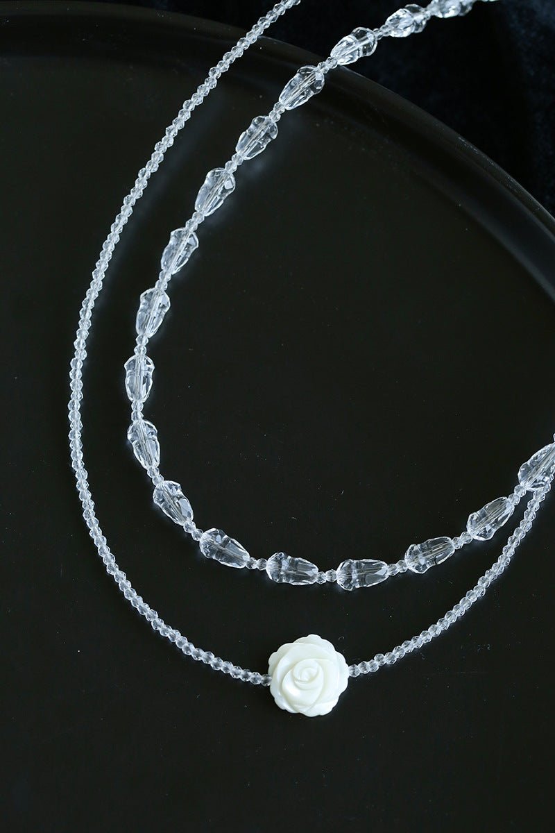 French White Shell Flower Crystal Beaded Double Layer Necklace - floysun