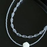 French White Shell Flower Crystal Beaded Double Layer Necklace - floysun