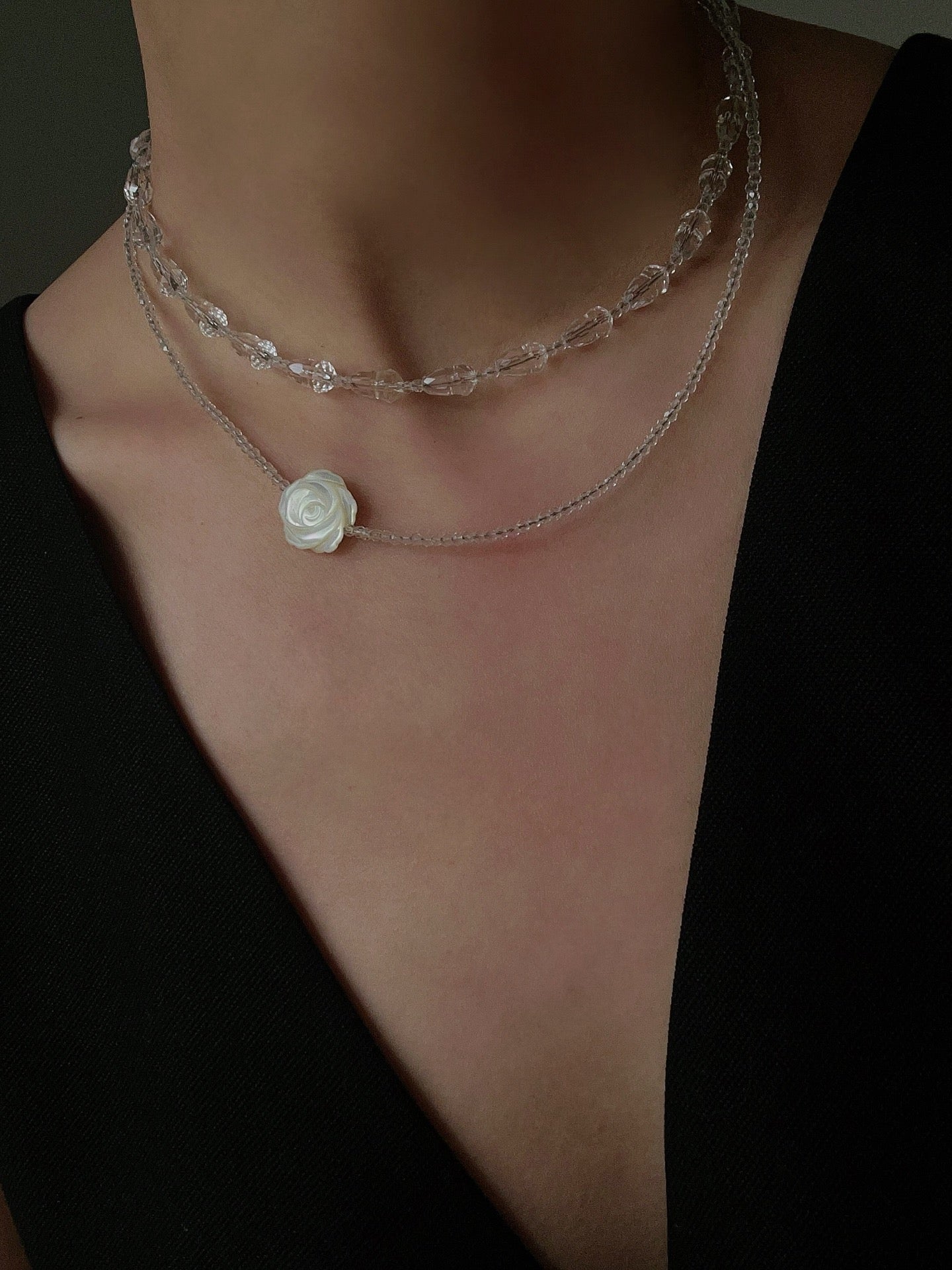 French White Shell Flower Crystal Beaded Double Layer Necklace - floysun